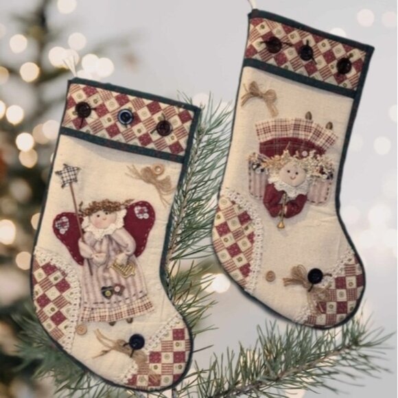 VINTAGE Handmade Christmas Stockings Set Of 2 Quilted Style Angel Applique - Picture 1 of 15